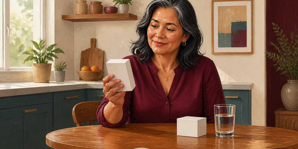 Mujer adulta sentada en una cocina, sosteniendo una caja de medicamento y observándola, con otra caja y un vaso de agua sobre la mesa.