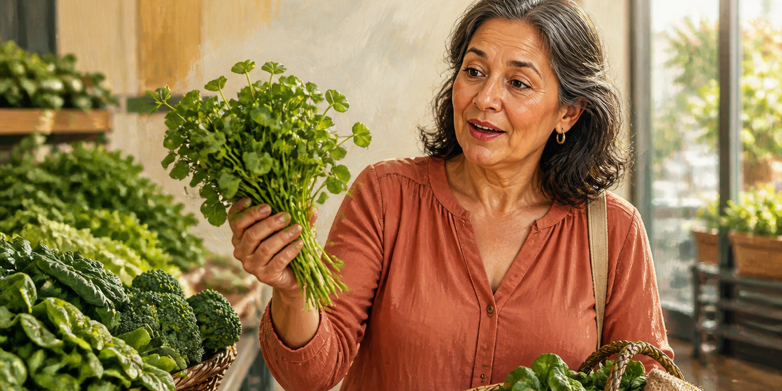 Mujer adulta en un mercado sosteniendo y observando un manojo de berros, rodeada de espinacas, brócoli y otras verduras de hoja verde.