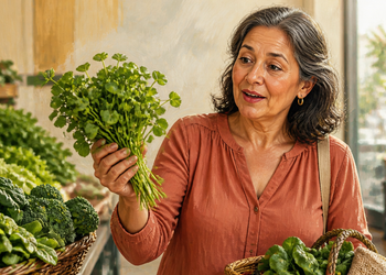Mujer adulta en un mercado sosteniendo y observando un manojo de berros, rodeada de espinacas, brócoli y otras verduras de hoja verde.