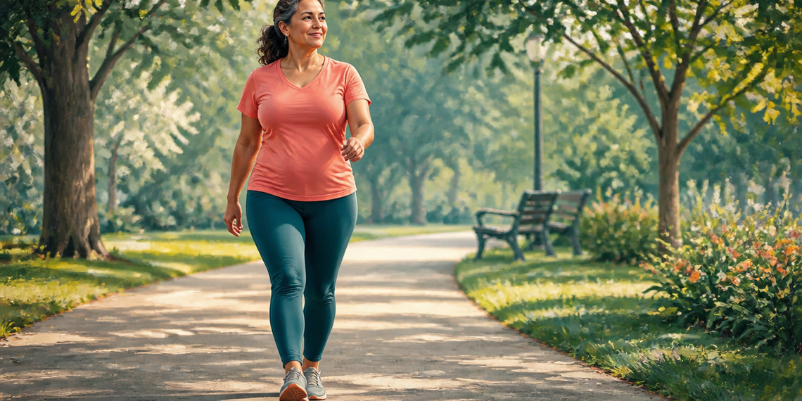 Mujer adulta caminando a paso ligero por un parque, con ropa deportiva y zapatillas, rodeada de árboles y vegetación.