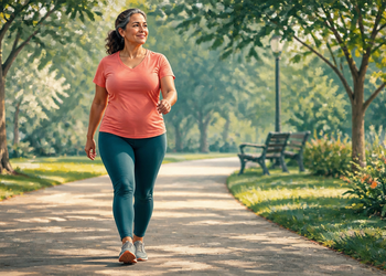 Mujer adulta caminando a paso ligero por un parque, con ropa deportiva y zapatillas, rodeada de árboles y vegetación.