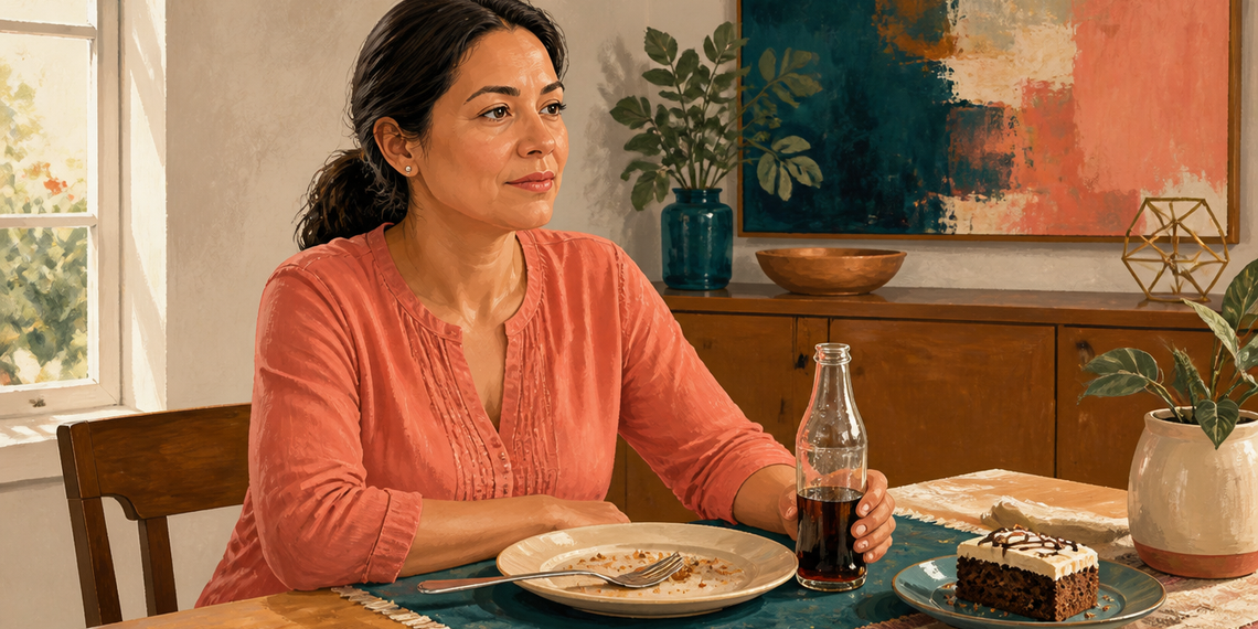 Mujer sentada a la mesa con una botella de refresco y un trozo de pastel junto a un plato vacío en un comedor luminoso.