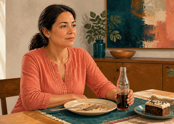 Mujer sentada a la mesa con una botella de refresco y un trozo de pastel junto a un plato vacío en un comedor luminoso.