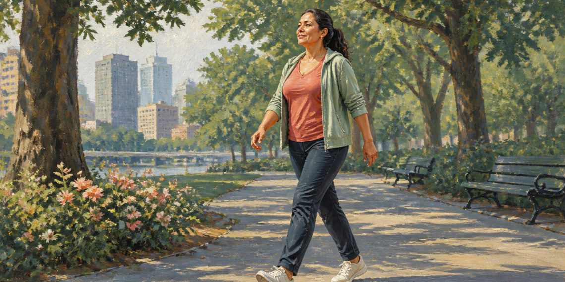 Mujer caminando por un sendero de parque arbolado durante el día, con bancos, flores y edificios al fondo.