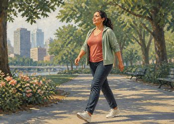 Mujer caminando por un sendero de parque arbolado durante el día, con bancos, flores y edificios al fondo.