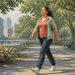 Mujer caminando por un sendero de parque arbolado durante el día, con bancos, flores y edificios al fondo.