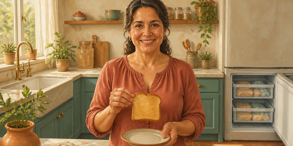 Mujer adulta en una cocina sosteniendo una rebanada de pan tostado sobre un plato, con el congelador abierto al fondo.