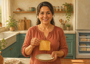 Mujer adulta en una cocina sosteniendo una rebanada de pan tostado sobre un plato, con el congelador abierto al fondo.