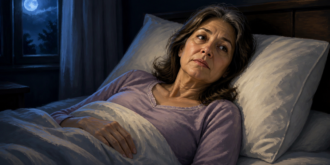 Mujer adulta de cabello castaño con canas permanece despierta en la cama durante la noche, con expresión pensativa y la mirada dirigida hacia un lado, mientras la luna ilumina la ventana.