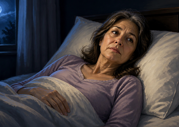 Mujer adulta de cabello castaño con canas permanece despierta en la cama durante la noche, con expresión pensativa y la mirada dirigida hacia un lado, mientras la luna ilumina la ventana.