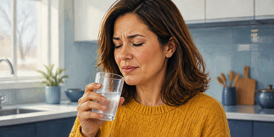 Mujer de cabello castaño y jersey amarillo sostiene un vaso de agua fría cerca de la boca mientras cierra los ojos y frunce el ceño con expresión de molestia.