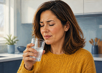Mujer de cabello castaño y jersey amarillo sostiene un vaso de agua fría cerca de la boca mientras cierra los ojos y frunce el ceño con expresión de molestia.
