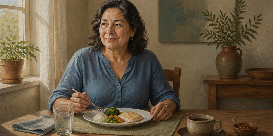 Mujer adulta sentada a la mesa comiendo pescado con arroz, brócoli y verduras, acompañada de un vaso de agua y una taza.