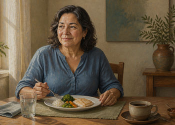 Mujer adulta sentada a la mesa comiendo pescado con arroz, brócoli y verduras, acompañada de un vaso de agua y una taza.
