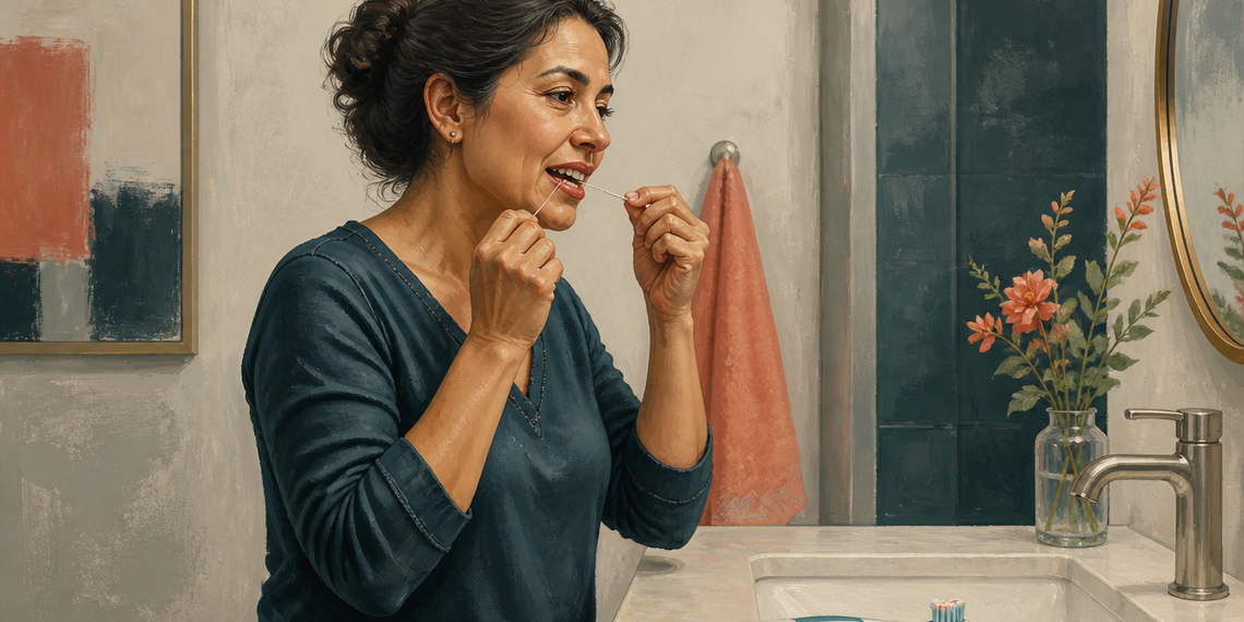 Mujer usando hilo dental frente al lavabo del baño, con un cepillo de dientes apoyado junto al grifo.