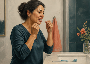 Mujer usando hilo dental frente al lavabo del baño, con un cepillo de dientes apoyado junto al grifo.