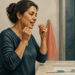 Mujer usando hilo dental frente al lavabo del baño, con un cepillo de dientes apoyado junto al grifo.