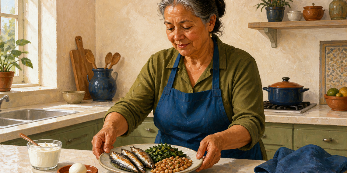 Mujer mayor preparando un plato con pescado, legumbres y verduras en una cocina, junto a un huevo cocido y un recipiente con alimento cremoso.