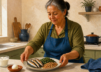 Mujer mayor preparando un plato con pescado, legumbres y verduras en una cocina, junto a un huevo cocido y un recipiente con alimento cremoso.
