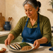 Mujer mayor preparando un plato con pescado, legumbres y verduras en una cocina, junto a un huevo cocido y un recipiente con alimento cremoso.