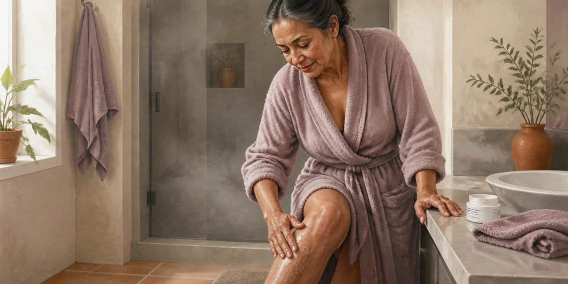Mujer adulta con bata aplicándose crema hidratante en la pierna dentro de un baño, junto a un recipiente de crema y toallas.