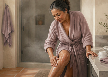 Mujer adulta con bata aplicándose crema hidratante en la pierna dentro de un baño, junto a un recipiente de crema y toallas.
