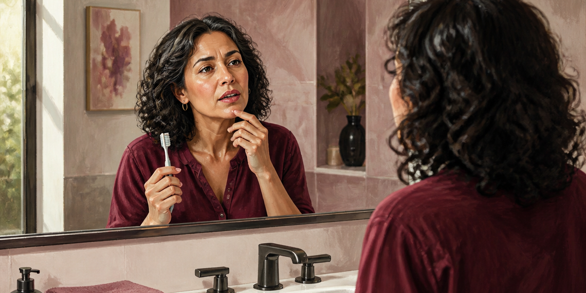 Mujer de cabello oscuro y rizado observa su boca en el espejo del baño mientras sostiene un cepillo de dientes y se toca la barbilla con un dedo.