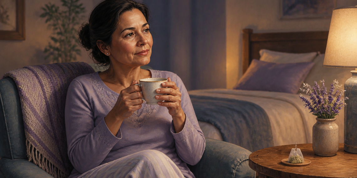 Mujer adulta sentada en un sillón sostiene una taza caliente en un dormitorio con luz tenue, junto a una bolsita de infusión sobre la mesa.