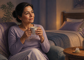 Mujer adulta sentada en un sillón sostiene una taza caliente en un dormitorio con luz tenue, junto a una bolsita de infusión sobre la mesa.