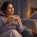 Mujer adulta sentada en un sillón sostiene una taza caliente en un dormitorio con luz tenue, junto a una bolsita de infusión sobre la mesa.