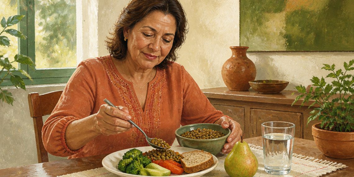 Mujer adulta sentada a la mesa sirve lentejas en su plato, acompañadas de verduras, pan, una pera y un vaso de agua, en una escena relacionada con una alimentación rica en fibra.