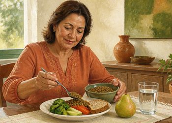 Mujer adulta sentada a la mesa sirve lentejas en su plato, acompañadas de verduras, pan, una pera y un vaso de agua, en una escena relacionada con una alimentación rica en fibra.