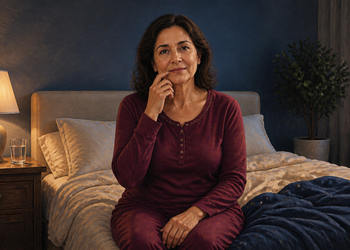 Mujer mayor sentada sobre la cama por la noche, con una mano apoyada en la mejilla, junto a una lámpara encendida y un vaso de agua en la mesita.