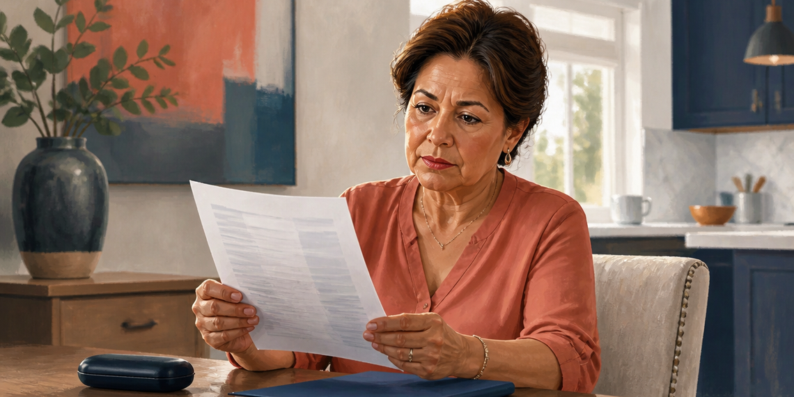 Mujer adulta sentada a una mesa observa atentamente una hoja con resultados impresos, en una escena relacionada con la lectura de la hemoglobina glicosilada.