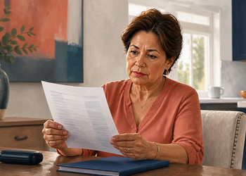 Mujer adulta sentada a una mesa observa atentamente una hoja con resultados impresos, en una escena relacionada con la lectura de la hemoglobina glicosilada.