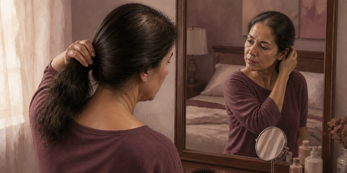 Mujer adulta frente al espejo del dormitorio recogiendo su cabello con una mano mientras observa su pelo y cuero cabelludo sobre un tocador con cepillo y productos de cuidado personal.