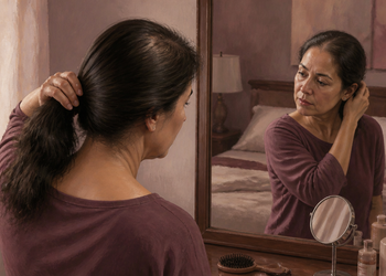 Mujer adulta frente al espejo del dormitorio recogiendo su cabello con una mano mientras observa su pelo y cuero cabelludo sobre un tocador con cepillo y productos de cuidado personal.