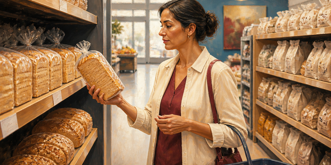 Mujer observando un paquete de pan de molde en la sección de panadería de un supermercado, rodeada de distintos panes envasados.