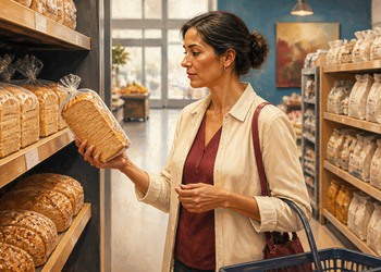Mujer observando un paquete de pan de molde en la sección de panadería de un supermercado, rodeada de distintos panes envasados.