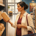 Mujer observando un paquete de pan de molde en la sección de panadería de un supermercado, rodeada de distintos panes envasados.
