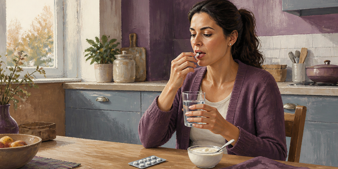 Mujer adulta toma una pastilla con un vaso de agua en la cocina, con un cuenco sobre la mesa y un blíster de comprimidos delante.