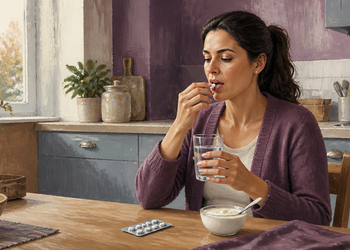 Mujer adulta toma una pastilla con un vaso de agua en la cocina, con un cuenco sobre la mesa y un blíster de comprimidos delante.