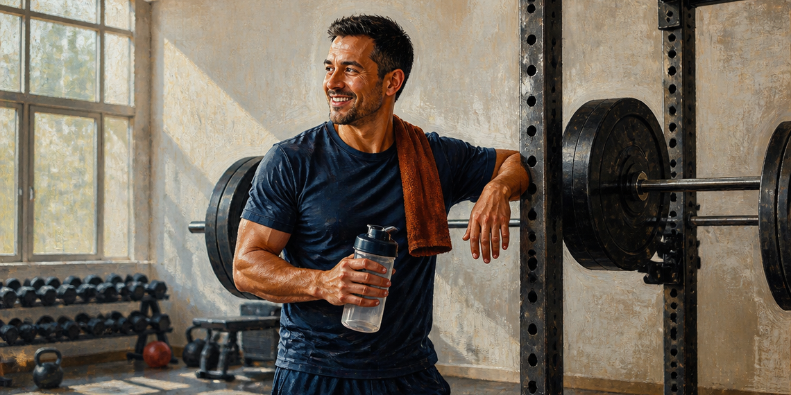 Hombre en un gimnasio junto a una barra con discos, sosteniendo una botella de agua y descansando con una toalla sobre el hombro después del entrenamiento de fuerza.