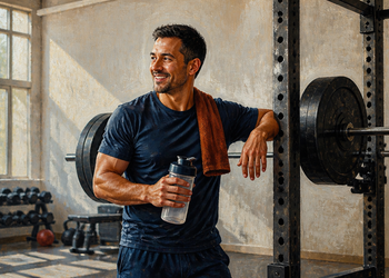 Hombre en un gimnasio junto a una barra con discos, sosteniendo una botella de agua y descansando con una toalla sobre el hombro después del entrenamiento de fuerza.
