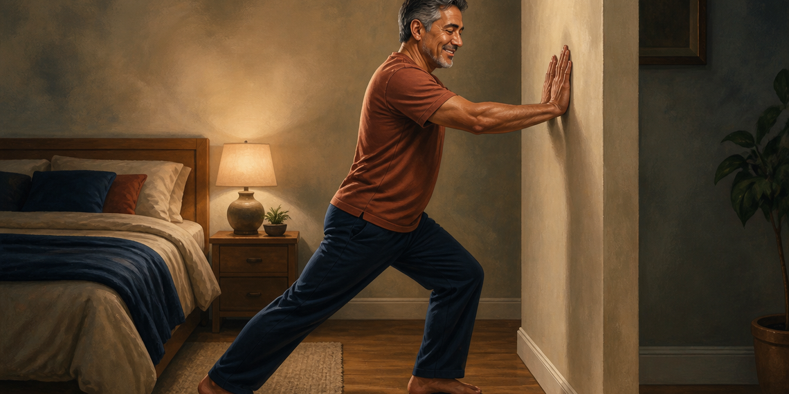 Hombre adulto estirando la pantorrilla contra una pared en el dormitorio durante la noche, con una pierna adelantada y la otra extendida hacia atrás.