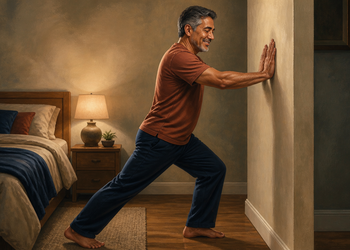 Hombre adulto estirando la pantorrilla contra una pared en el dormitorio durante la noche, con una pierna adelantada y la otra extendida hacia atrás.