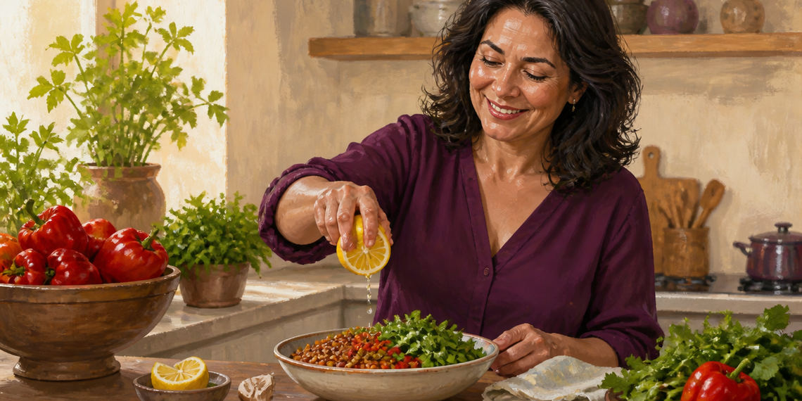 Mujer en una cocina exprimiendo medio limón sobre un bol con legumbres y verduras frescas, junto a tomates, pimientos y hierbas aromáticas.