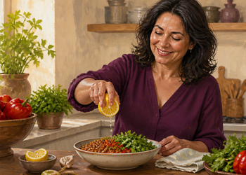 Mujer en una cocina exprimiendo medio limón sobre un bol con legumbres y verduras frescas, junto a tomates, pimientos y hierbas aromáticas.
