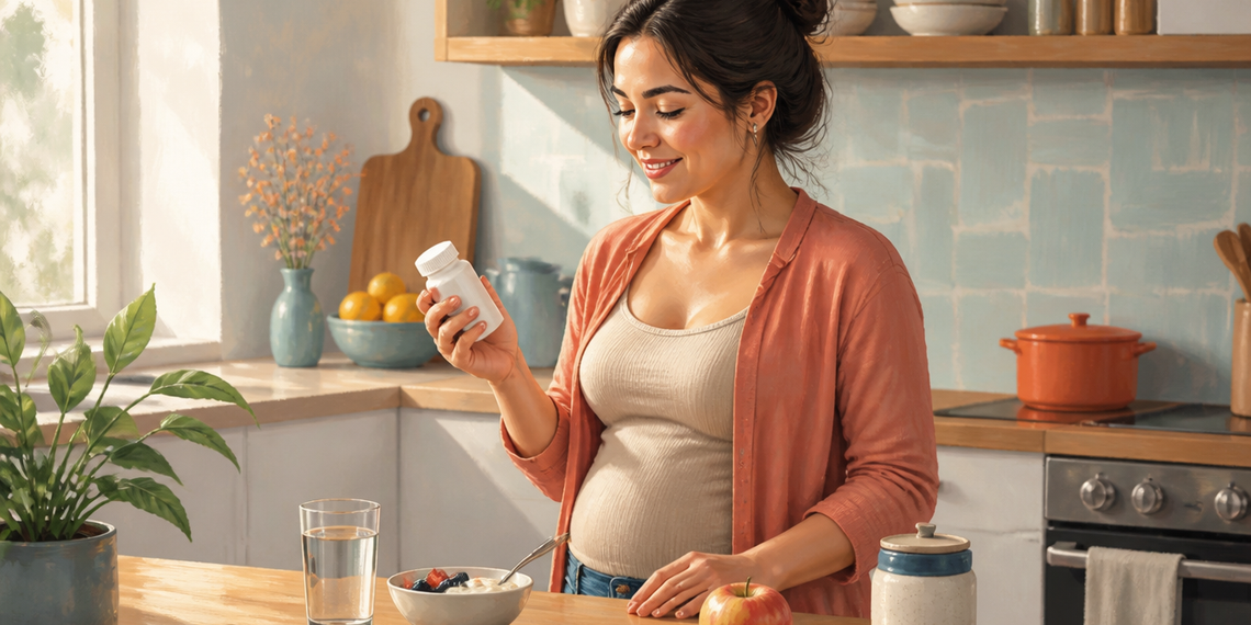 Mujer embarazada en una cocina sostiene un frasco blanco mientras observa su etiqueta, junto a un vaso de agua, un bol con fruta y un recipiente sobre la mesa.