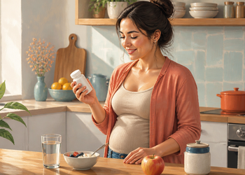 Mujer embarazada en una cocina sostiene un frasco blanco mientras observa su etiqueta, junto a un vaso de agua, un bol con fruta y un recipiente sobre la mesa.